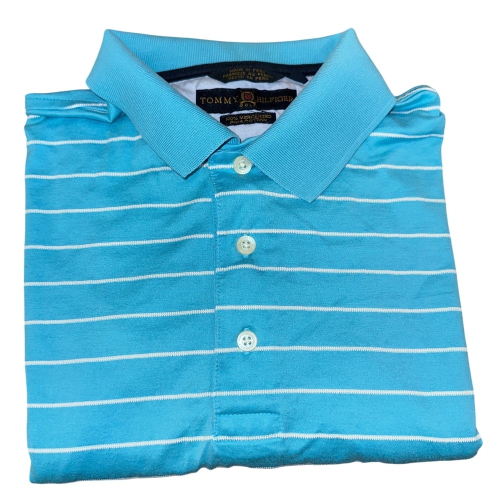 VTG Tommy Hilfiger Golf Mens L Blue Striped Mercerized Pima Cotton Polo Shirt - Picture 1 of 9